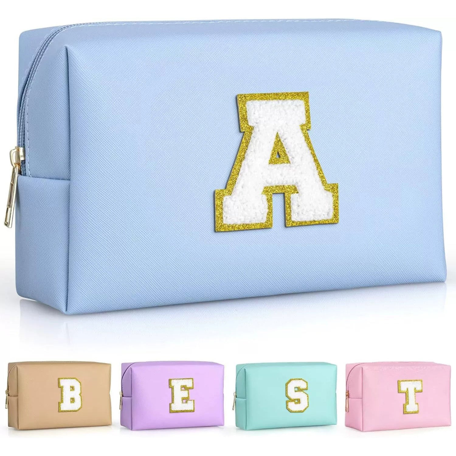 Personalized Chenille Letter PU Leather Travel Cosmetic Bag