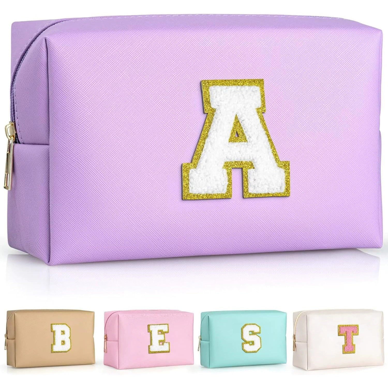 Personalized Chenille Letter PU Leather Travel Cosmetic Bag