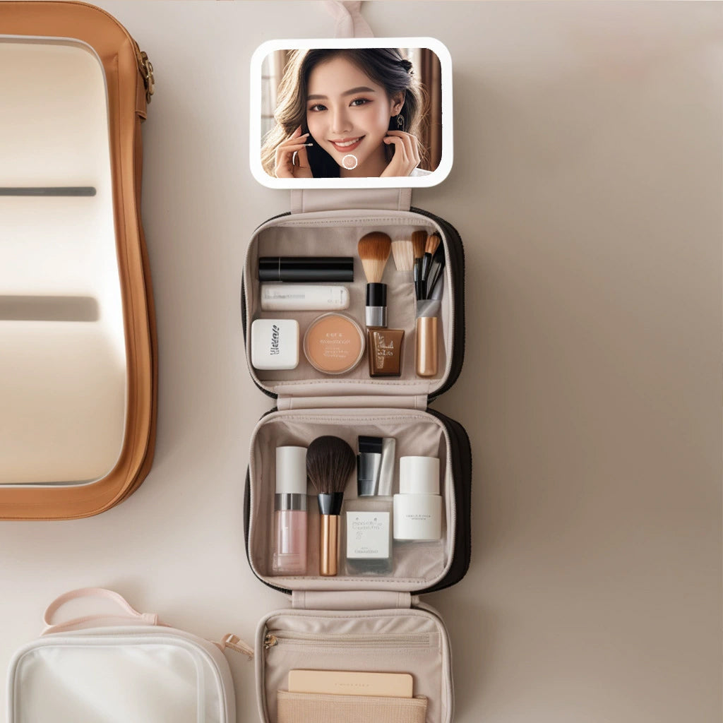 Portable Cosmetic Storage Box with LED Mirror – Large Capacity Waterproof PU Organizer