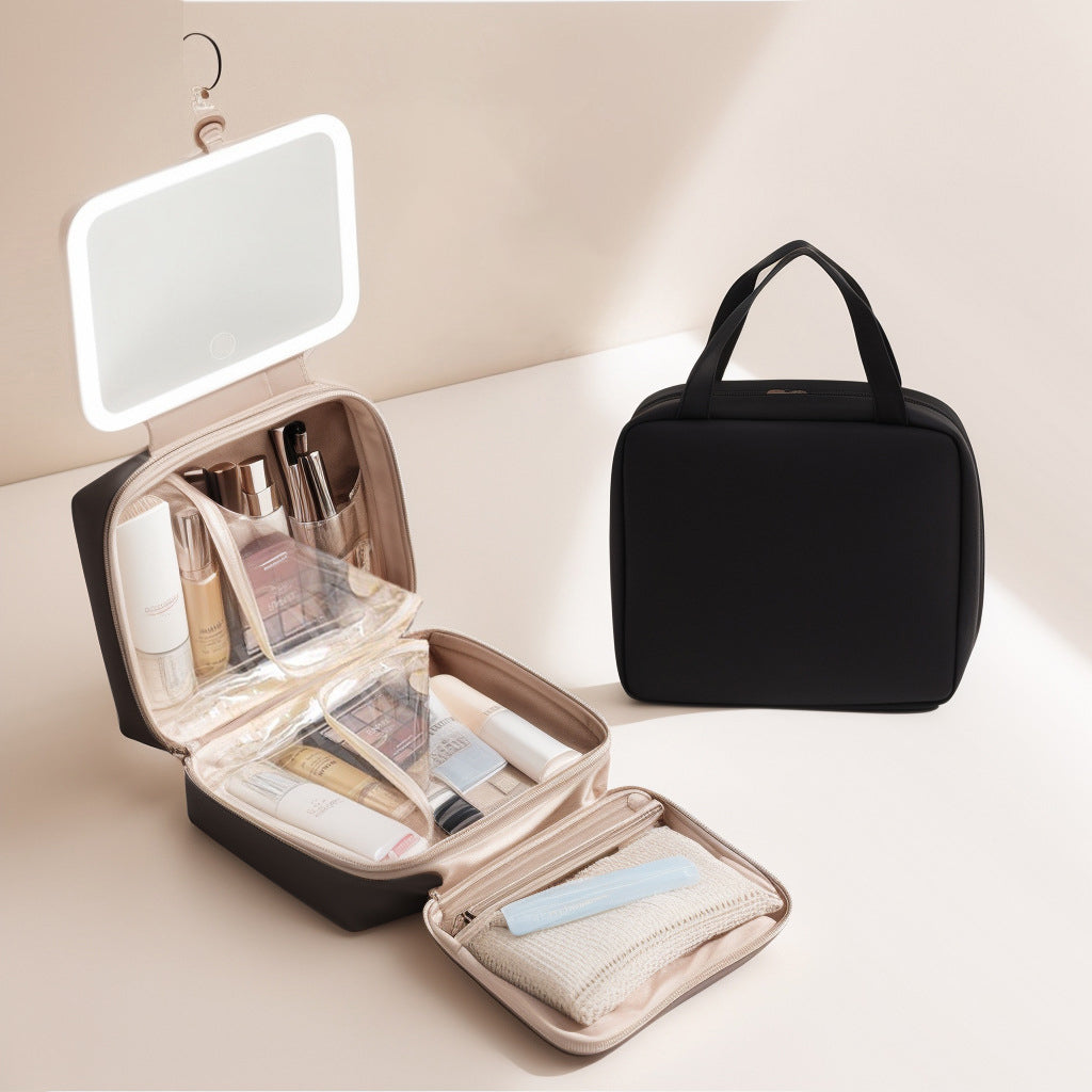Portable Cosmetic Storage Box with LED Mirror – Large Capacity Waterproof PU Organizer
