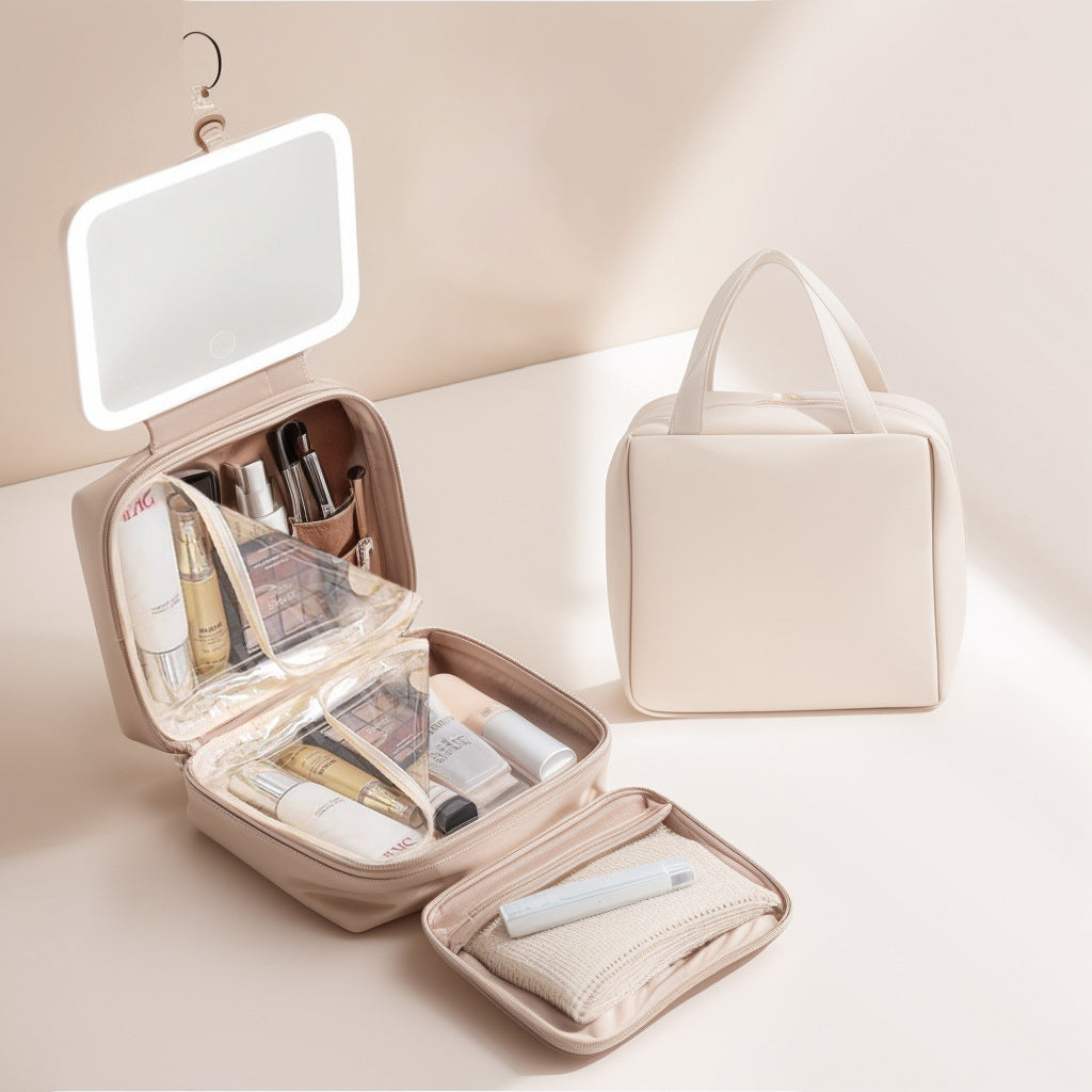 Portable Cosmetic Storage Box with LED Mirror – Large Capacity Waterproof PU Organizer