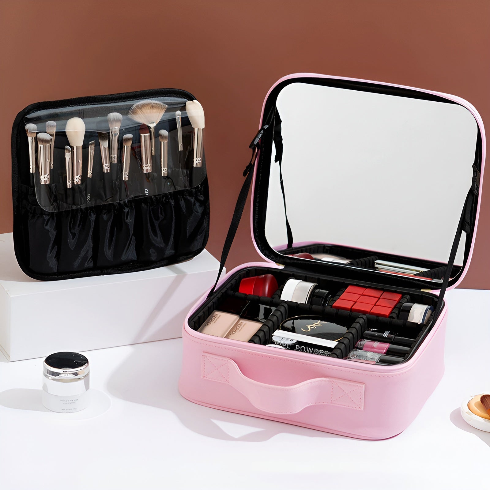 Cosmetic Storage Box with Full-Screen Mirror – Portable PU Makeup Organizer
