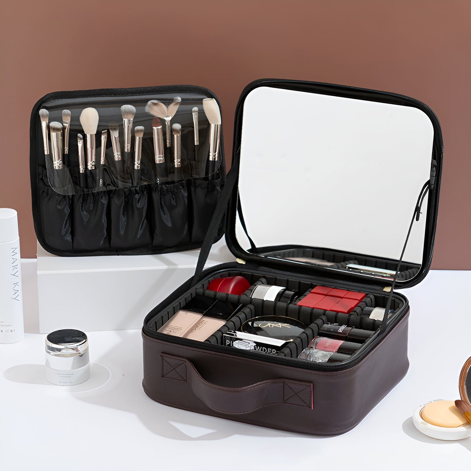 Cosmetic Storage Box with Full-Screen Mirror – Portable PU Makeup Organizer
