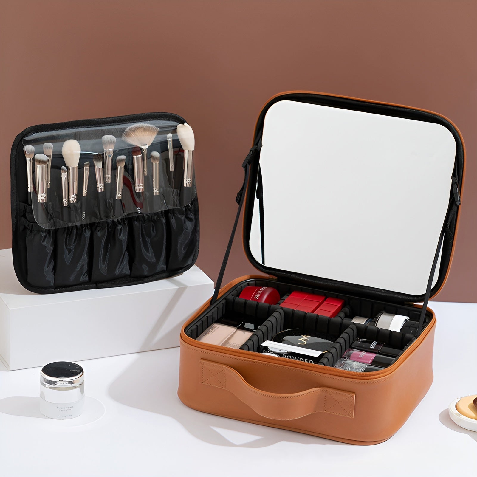 Cosmetic Storage Box with Full-Screen Mirror – Portable PU Makeup Organizer