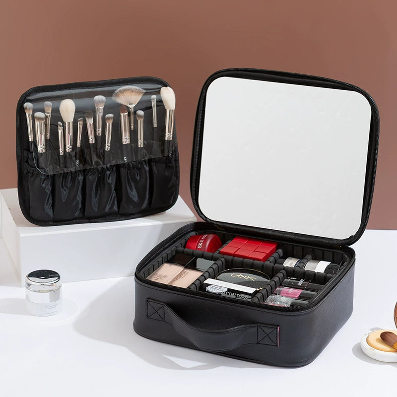 Cosmetic Storage Box with Full-Screen Mirror – Portable PU Makeup Organizer