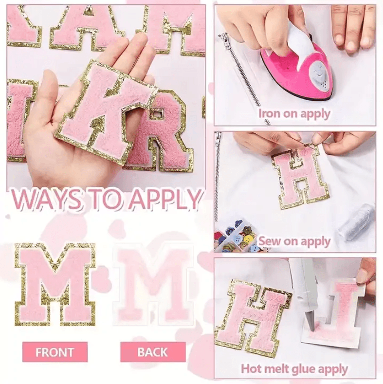 Custom A-Z Glitter Letter Heart Patch Iron On Chenille 26 English Letter Patches