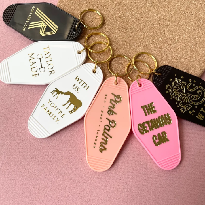 Custom Foil Stamped KeyChains Bulk, Hotel Gold foil keyrings cheap