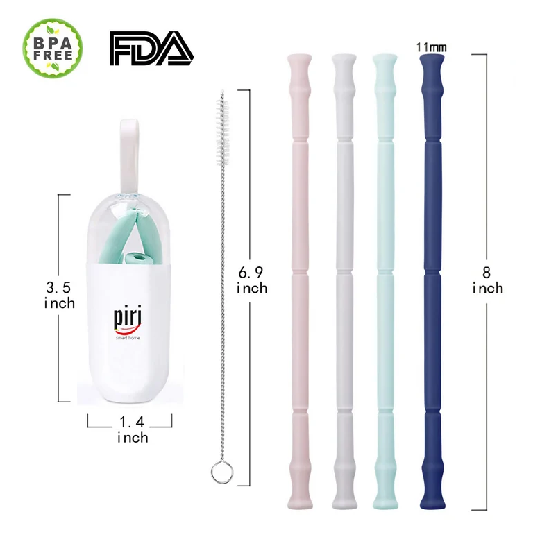 Wholesale Custom Logo Reusable Drinking Straws Silicone  Collapsible Straw with Portable Case and Brush