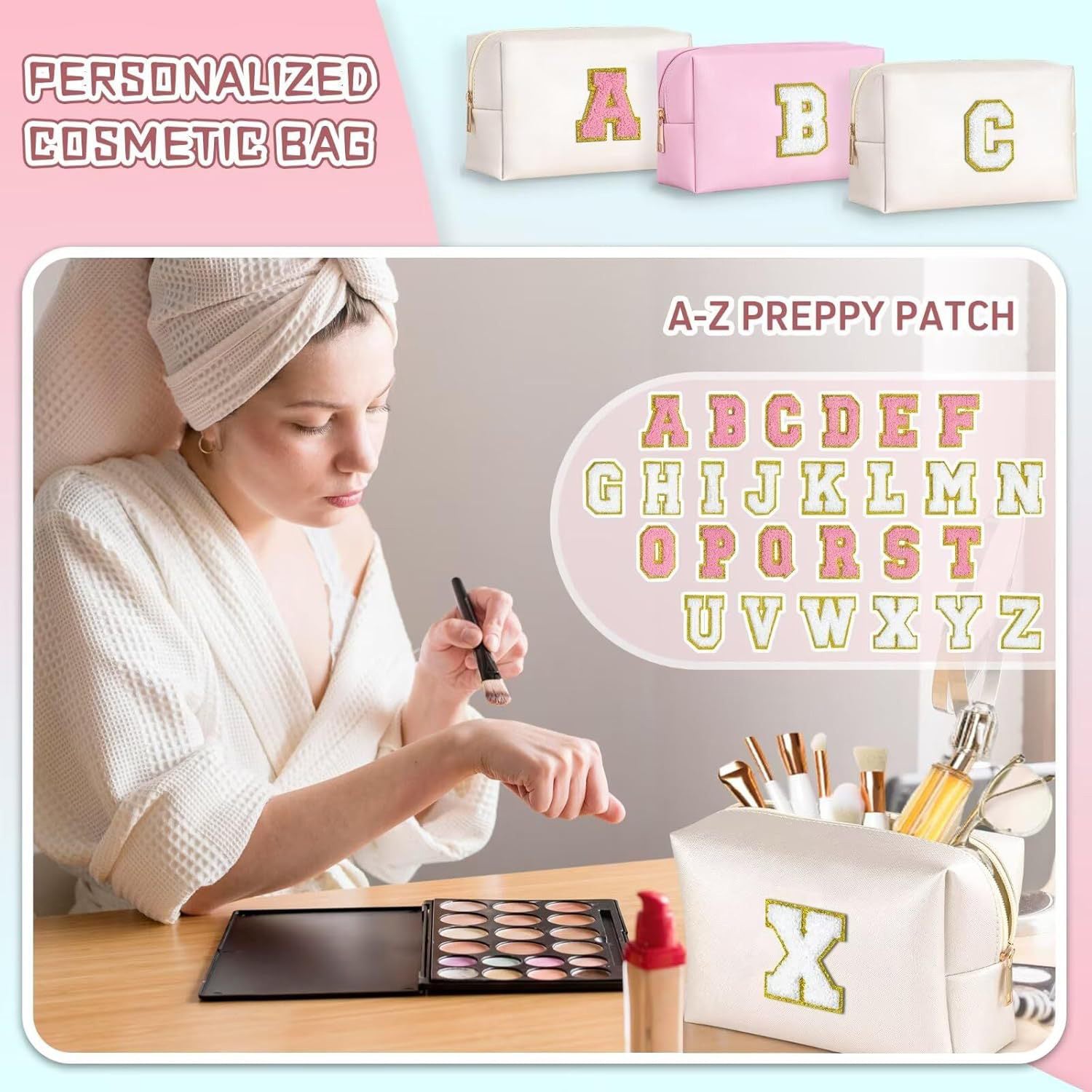 Personalized Chenille Letter PU Leather Travel Cosmetic Bag