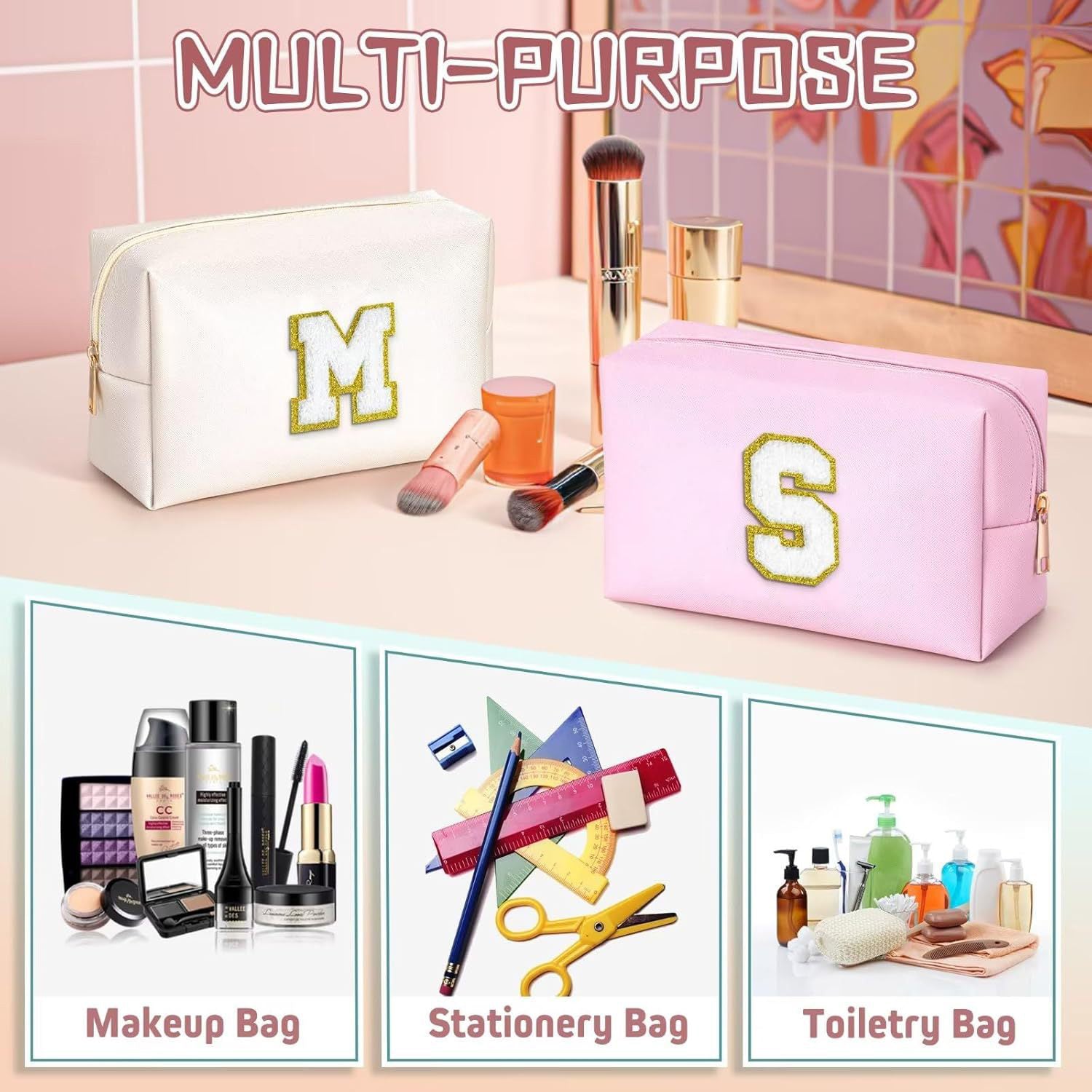 Personalized Chenille Letter PU Leather Travel Cosmetic Bag