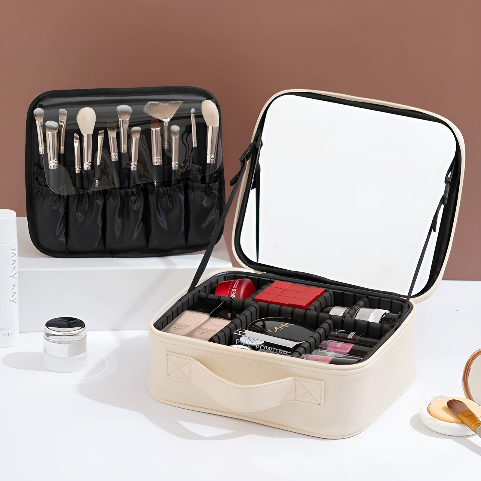 Cosmetic Storage Box with Full-Screen Mirror – Portable PU Makeup Organizer