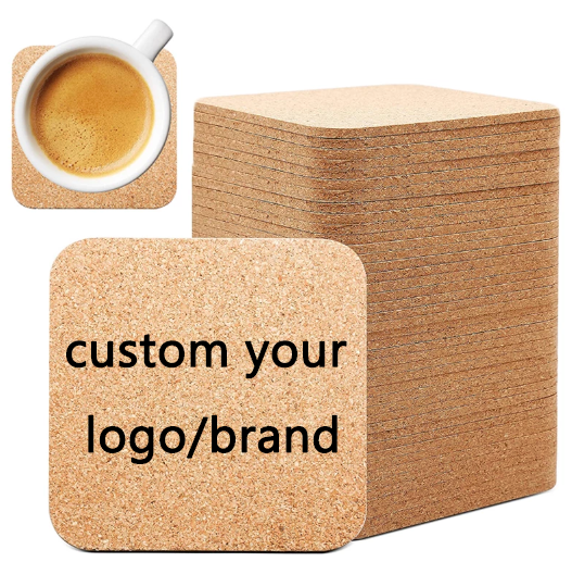 Custom, Personalized 6 Round or Square Cork Coasters in Holder, Stitching Around the Outside.